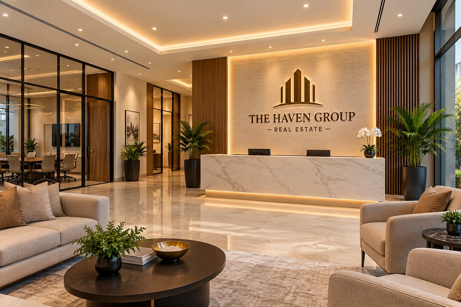 The Haven Group reception: a marble desk under the lit logo wall, with a lounge and glass meeting rooms