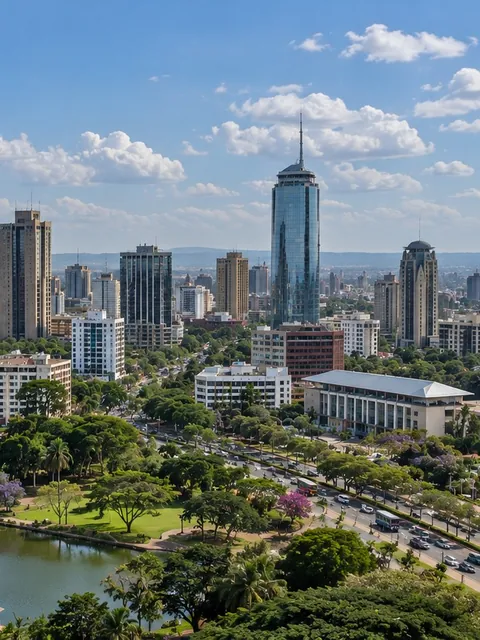 Nairobi from above: towers, trees and a park lake