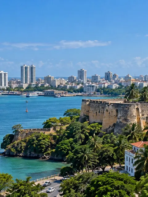 Mombasa from above: an old fort, palms and the blue harbour