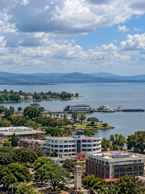 Kisumu from above: the clock tower, trees and the ferry pier on Lake Victoria